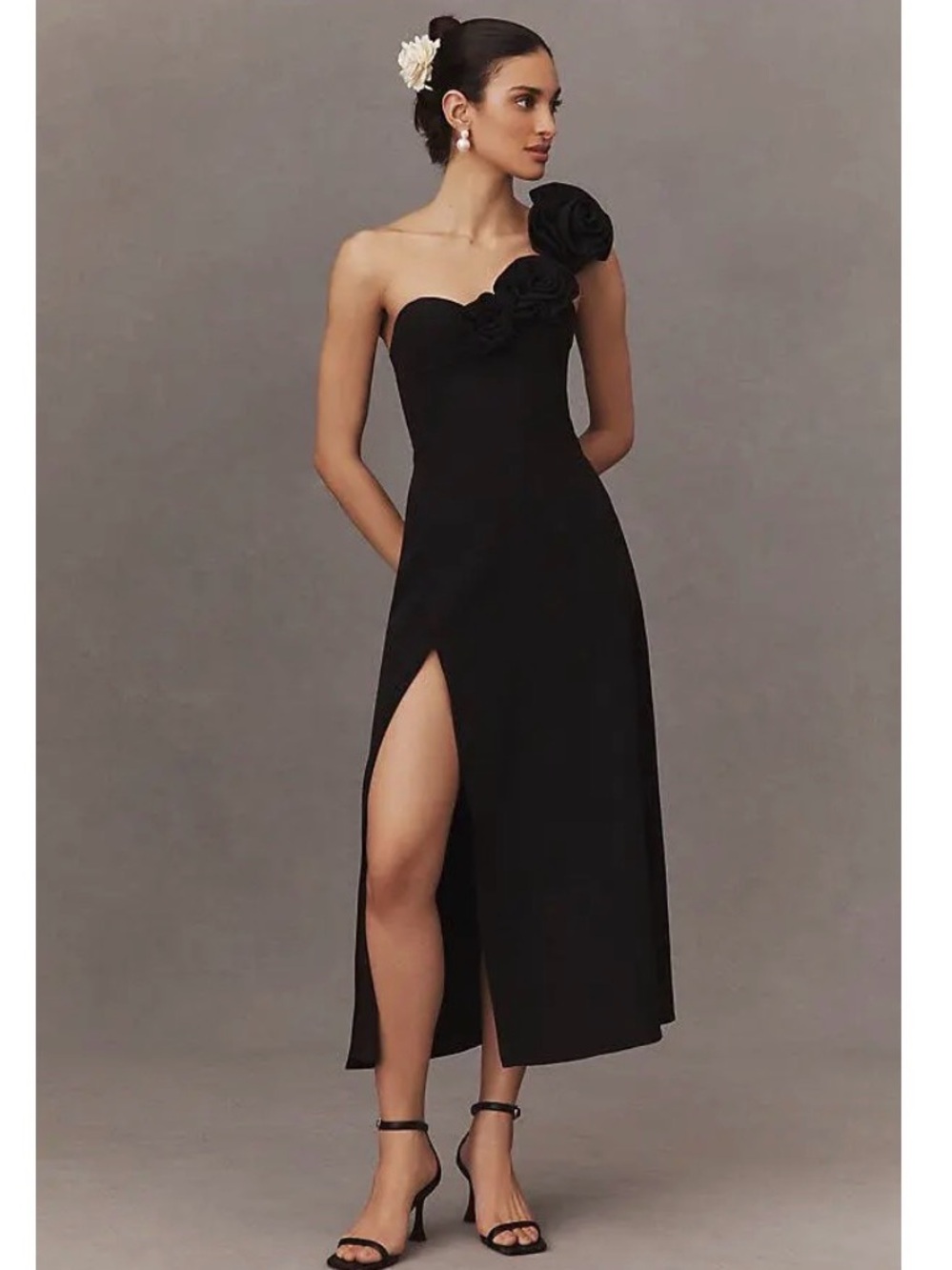 The Wolf Gang Flores One-Shoulder Black Midi Dress with Floral Detail